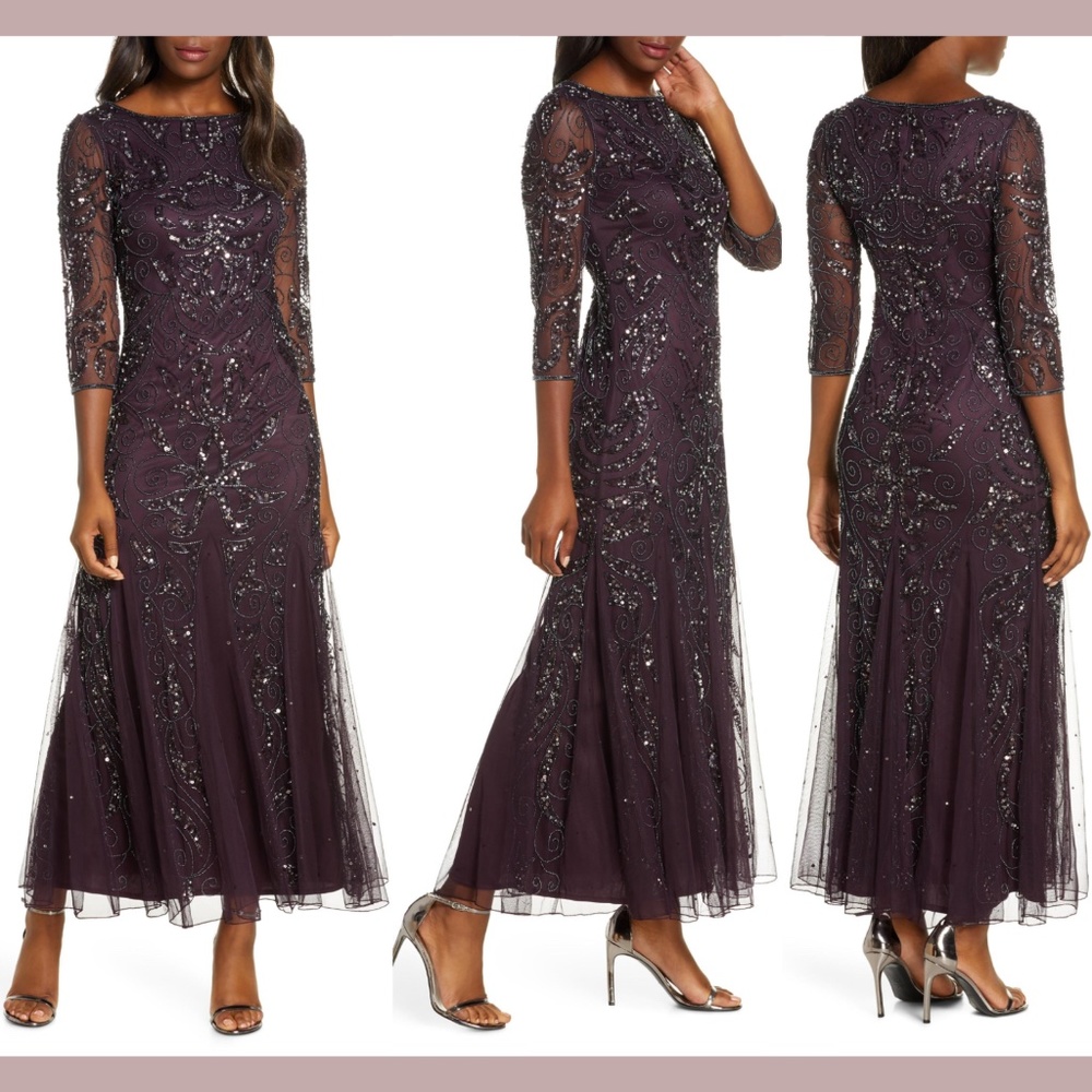NEW Pisarro Nights Embellished Mesh Gown Eggplant